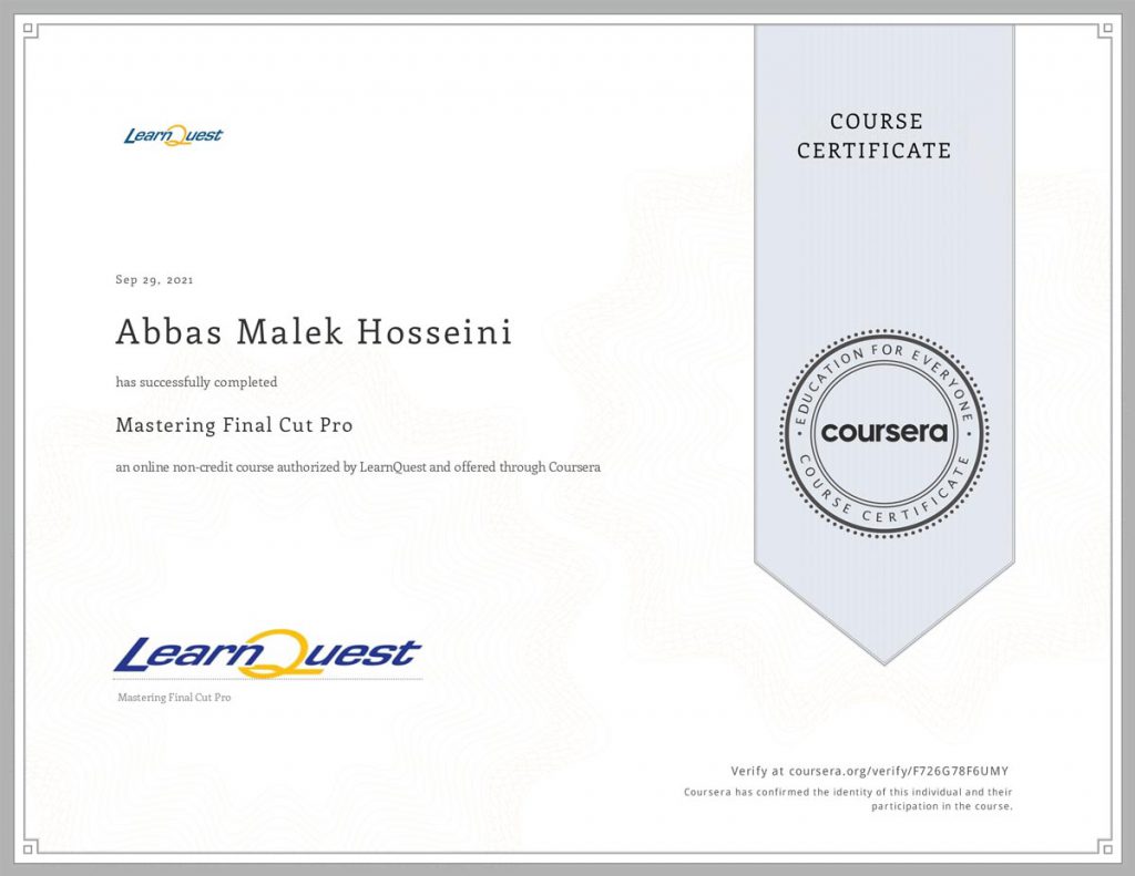 Coursera Certificate of Abbas Malek Hosseini Final Cut Pro