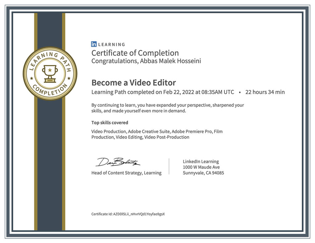 Abbas Malek Hosseini Become a Video Editor Certificate