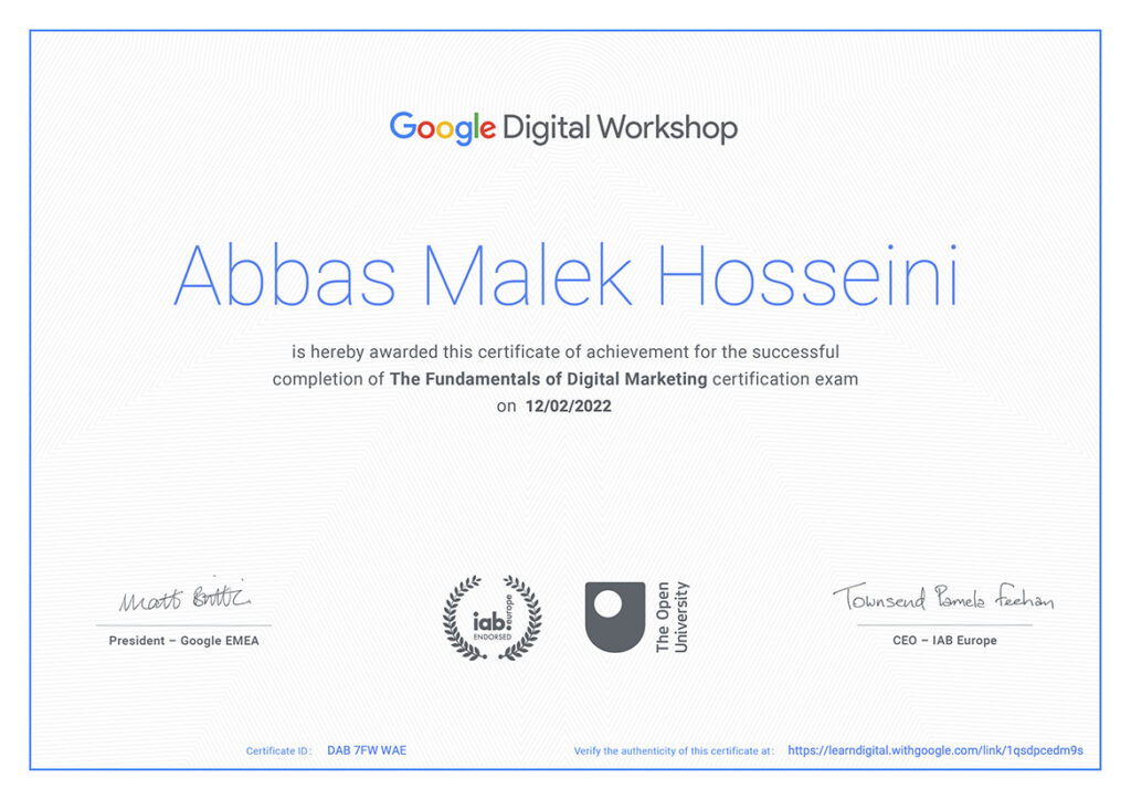 Abbas Malek Hosseini Fundamentals of Digital Marketing Certificate